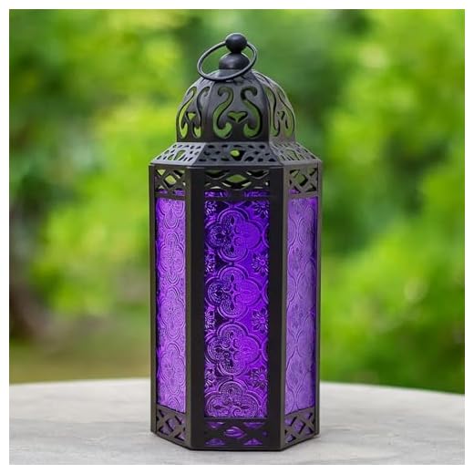VELA LANTERNS 10.5" Purple Gothic Moroccan Candle Lantern Decorative Candle Holder Lamp for Table or Hanging, Ramadan Decorations, Indoor Home Room Halloween Decor, Outdoor Patio or Porch, Medium