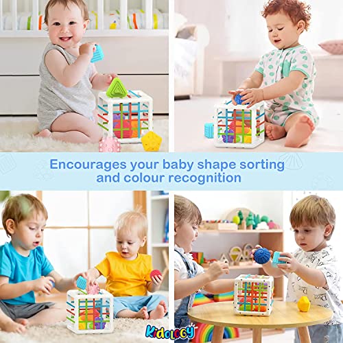 Image of Kidology Baby Shape Sorting Toy | Montessori Sensory Toys with 6 Pcs Blocks Colorful Cube for Kids | Shape Sorting Bin with Elastic Bands Fine Motor Skill Early Learning Preschool Educational Blocks