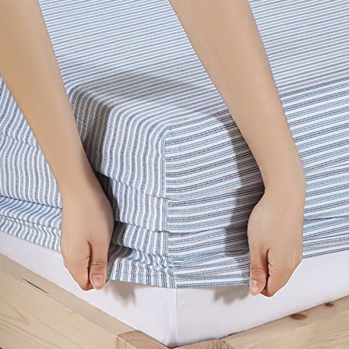 Image of Eddie Bauer - Twin Sheet Set with Fitted Sheet & Pillowcase, 100% Cotton Percale Bedding, Crisp & Cool, Dorm Room Essentials, Ticking Stripe Light Blue