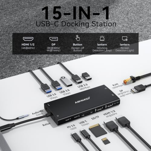 Image of Docking Station Dual Monitor, 15 in 1 USB C Docking Station 3 Monitors | ABIWAZY USB C Hub to Dual 4K@60Hz HDMI, DP 8K, 100W PD, USB-C to Ethernet and SD /Micro SD, 6 USB A /C Ports, Screen Button