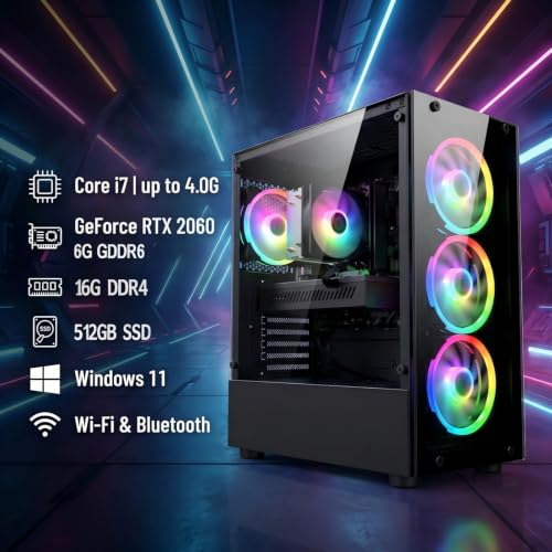 Image of STGAubron Gaming PC Desktop Computer, Intel Core i7 6700 up to 4.0GHz, GeForce RTX 2060 6G, 16GB DDR4, 512GB SSD, WiFi 6, BT 5.2, RGB Fan x 4, Windows 11 Home