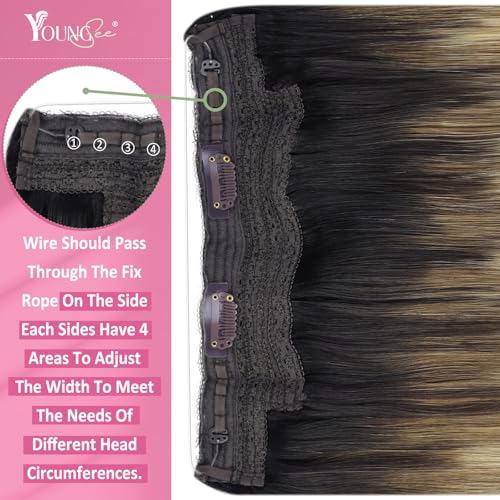 Image of YoungSee 135G Wire Hair Extensions Real Human Hair Ombre, 20 Inch Balayage Human Hair Wire Extensions, Dark Roots to Medium Brown with Blonde, Fish Line Hair Extensions for Women