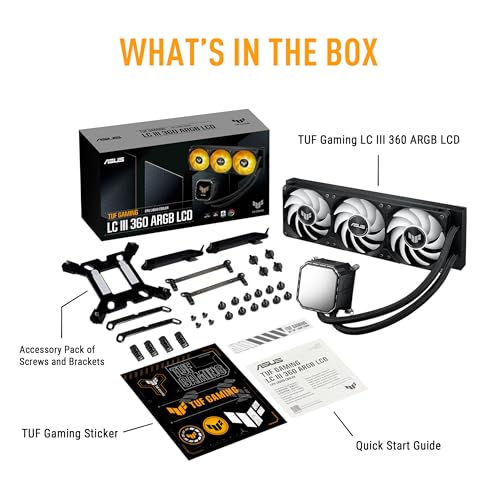 ASUS TUF Gaming LC III 360 ARGB LCD, dispositif de refroidissement liquide tout-en-un, trois ventilateurs ARGB préinstallés, écran IPS LCD 2,8, tubes de 400 mm, noir