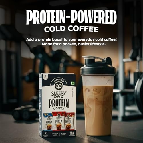 Image of Sleepy Owl Protein Coffee Powder, Assorted Trial Pack - 3 Flavours, 15g Whey Protein per Sachet, Low Calorie Under 97 Cal, No Added Sugar, Light & Easy to Digest, Pack of 3 Sachets (3N x 25g)