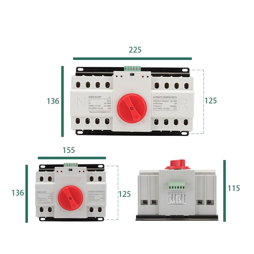 Diferencial Auto Rearmable Interruptor de transferencia automático de doble potencia ATS 2P/3P/4P 63A CA 230 V 50/60 Hz Disyuntores de conmutación automática/manual Diferencial Auto Rearmable(4,220V 8