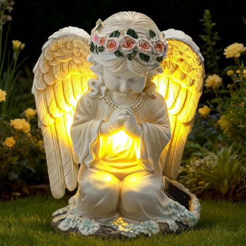 Solar Angel Garden Statue Outdoor Decor Cemetery Decorations for Grave Praying Angel Figurines with LED Light for Outdoor Lawn Yard Patio Decor Memorial Gifts for Women Mom and Grandma