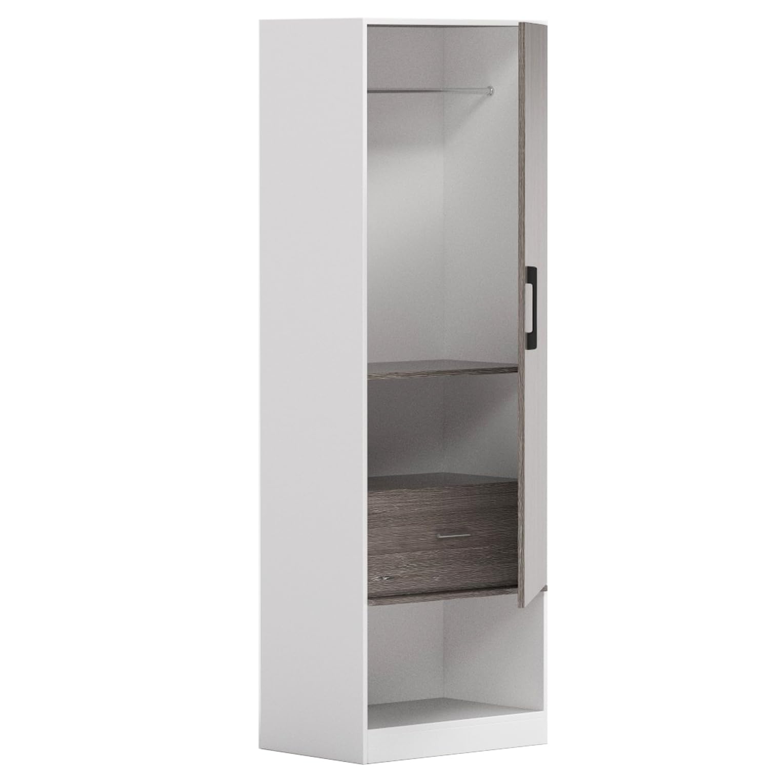Modern Wardrobe with Bottom Superior Space, Floor Storage Cabinet with Hangers, Spacious and Versatile, Efficient Storage Easy to Install - Grey Brown Whiteriver Oak and Premium White
