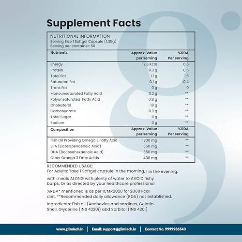 Image of GLIMLACH Omega 3 Fish Oil 1300mg Triple 3X Strength 50 Capsules- 550 mg EPA & 350 mg DHA for Heart, Joints & Brain Health