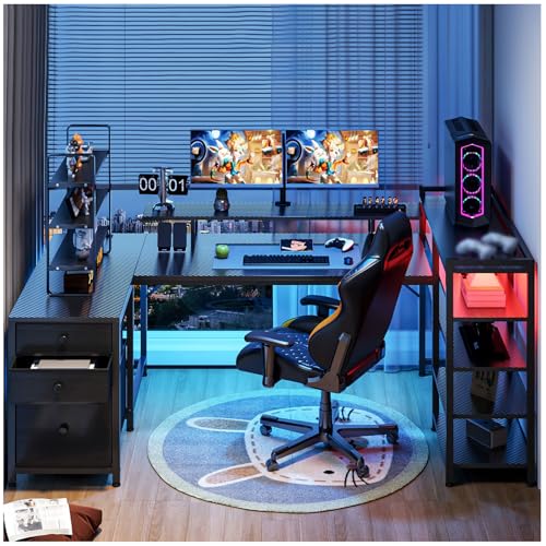 Opiniones de Escritorios comprados en linea. 48 Simple Wisdom Escritorio en l,Escritorios Gamer,Escritorios Ordenador Reversible Forma de U,Escritorio con Luz LED y Toma Corriente USB (Fibra de Carbono Negra)