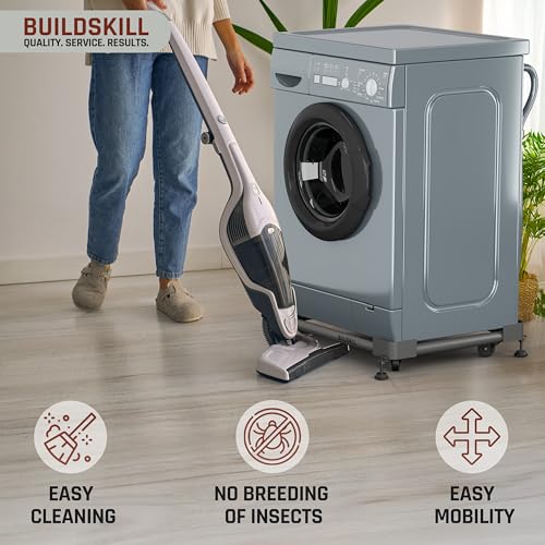 Image of BUILDSKILL 160kg Load Capacity Washing Machine Stand | 360 Rotating Wheels | Adjustable | Absorbs Vibration | Anti-Skid Fridge and Dishwasher Stand, Top & Front Load Washing Machine Trolley - Grey