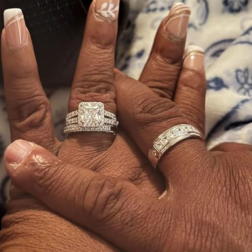 Wuziwen Wedding Wedding Ring Sets for Him and Her Set Princess Promise Ring for Couples Cubic Zirconia Sterling Silver Engagement2