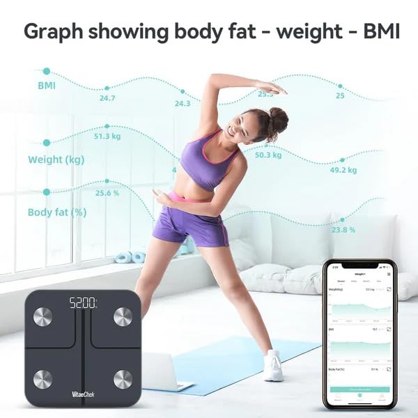 Bilancia Pesapersone Digitale, Bilancia Impedenziometrica in Vetro Temperato, Fino a 180 kg, Bilancia Smart Dotata di 13 Misurazioni (BMI/Grasso corporeo/BMR/Muscoli), 28 cm