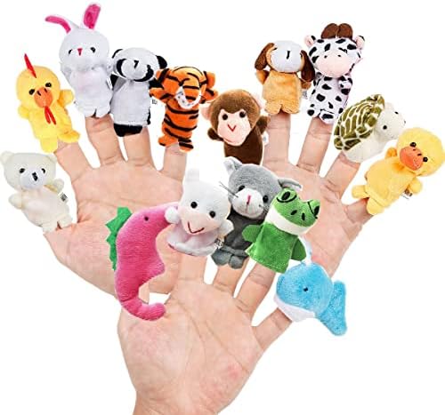 Pack of 15 Animal Finger Puppets 4 Themed from Zoo, Farm, Pet and Sea, Cute Finger Doll Props Figures Novelty Toys Gift for Kids