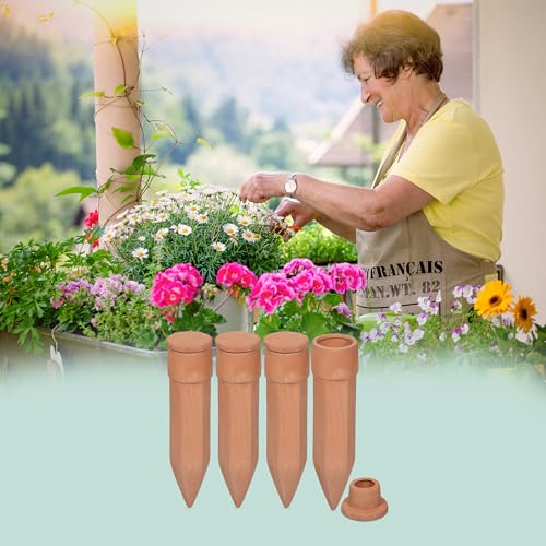 Relaxdays Tonkegel Bewässerung, 4er Set, Bewässerungshilfe mit Deckel, für 1,5 l Flaschen, Pflanzengießhilfe, terrakotta