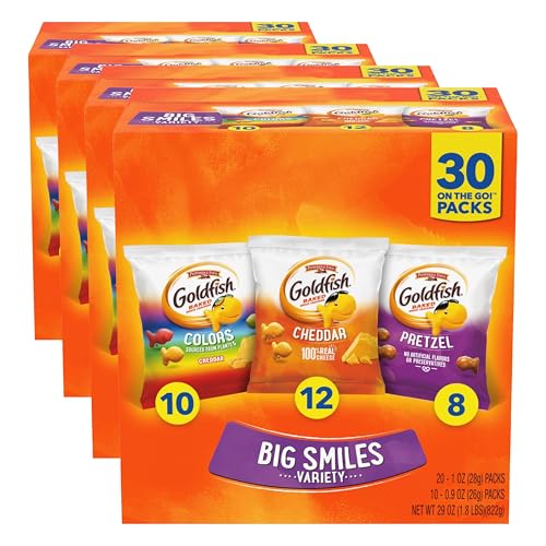 Goldfish Crackers Big Smiles Variety Pack with Cheddar, Colors, and Pretzels, Snack Packs, 30 Ct (Pack of 4)