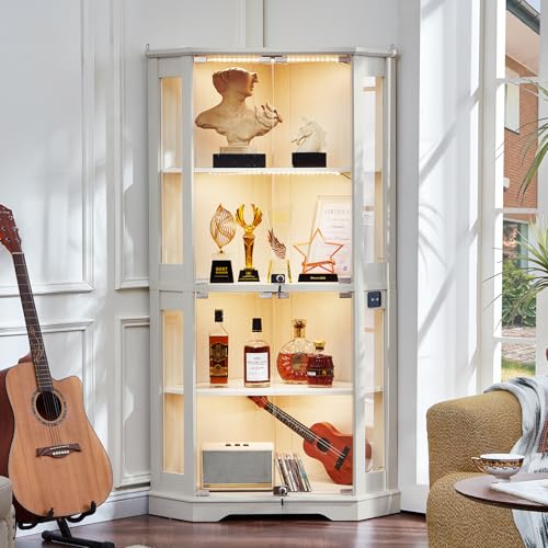 LELELINKY Farmhouse Corner Display Cabinet with Glass Doors Corner Curio Cabinet with 3-Color LED Motion-Sensor Light Reinforced Base White