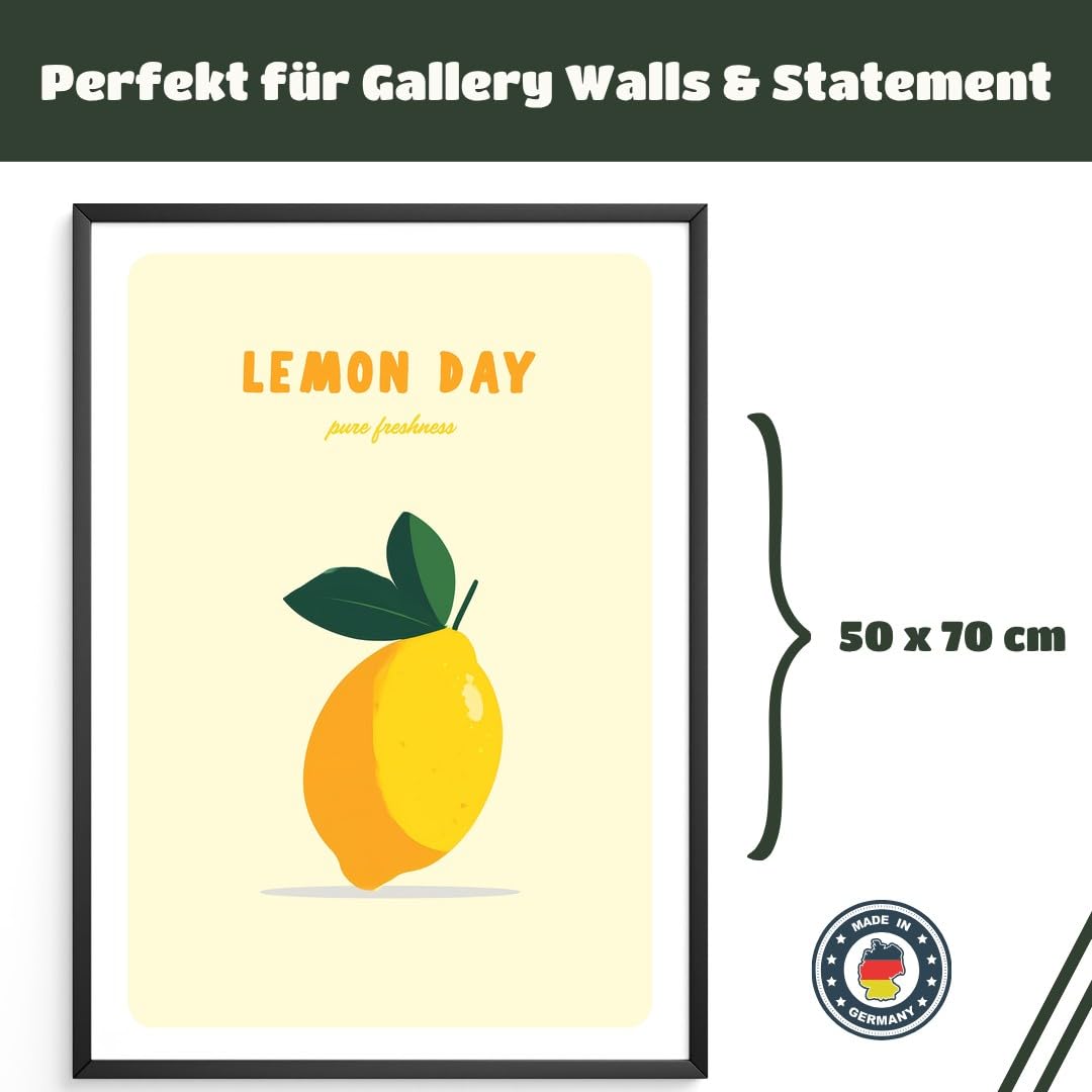 MJ-GRAPHICS® Poster Zitrone Kunstdruck minimalistisch Wandbild Gelb Wanddeko Küche Wohnzimmer bilderfrisch lebendig spritzig Akzente Deko frech fröhlich Ambiente 50x70 mit beigem Rahmen