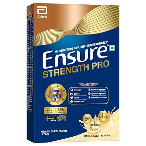 Image of Ensure Strength Pro | High Protein Nutritional Drink for Adults | Vanilla Delight (400g) | 30g Protein, Low GI, Gluten Free | L-Carnitine| No Artificial Flavors | Scientifically formulated with Power of 7- Muscles, Bones, Heart, Immune System, Metabolic System, Nervous system, Blood Cells health