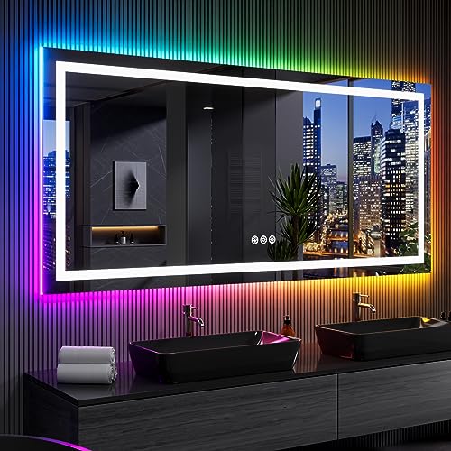 LOAAO 84X32 Inch RGB LED Bathroom Mirror with Lights, Anti-Fog, Dimmable Lighted Bathroom Vanity Mirror, Colorful Multiple Light Modes, RGB Backlit + Front Light, Memory Function, Tempered Glass