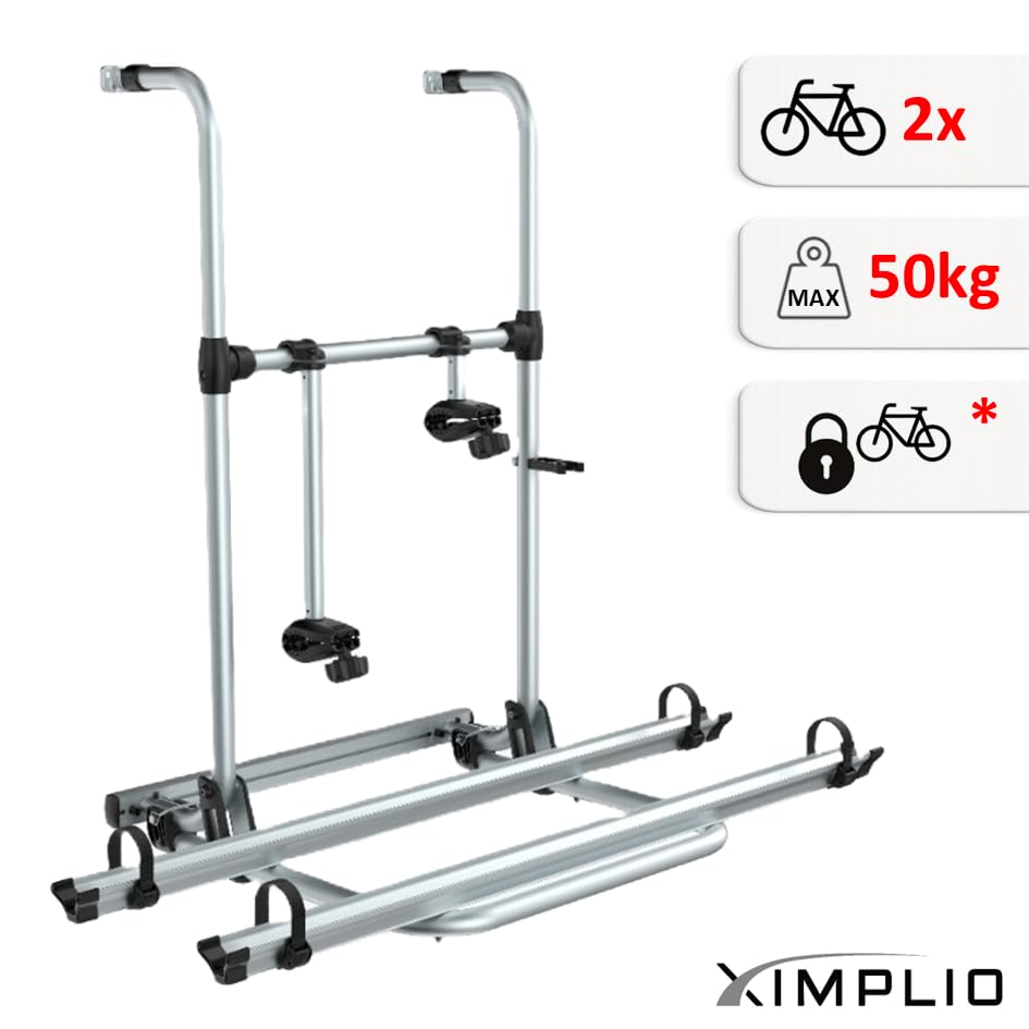 XIMPLIO Wallrider Portabici per Camper e Caravan, Alluminio Anodizzato, per 2 Biciclette ed E-Bike, Carico Massimo 50 kg, Pieghevole con Antifurto Integrato