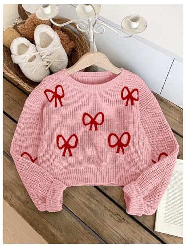 Image of BEAUDRM Girl's Cute Bow Sweater Crew Neck Long Sleeve Drop Shoulder Loose Pullover Tops