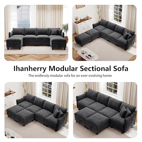Image of Ihanherry 112 inch Modular U-Shaped Sectional Sofa, Modern 6-Seat Cloud Couch with 2 Storage Ottomans, Comfy Chenille Convertible Furniture Set for Living Room, Apartment, Easy Assembly, Black