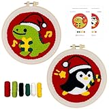 Christmas Punch Needle Kit for Adult Beginner, Easy Punch Embroidery Starter Set with Instruction, Fun DIY Needle Point Craft for Home Decor & Holiday Gift Idea(2pcs Dino & Penguin)