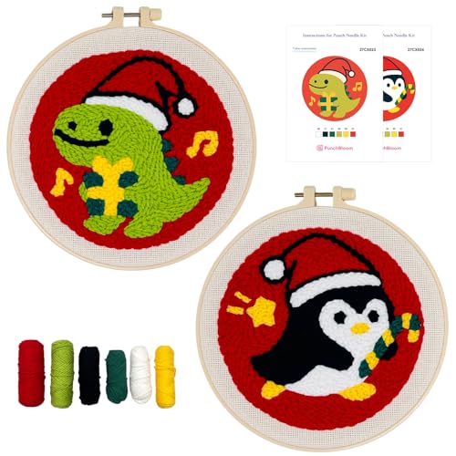 Image of Christmas Punch Needle Kit for Adult Beginner, Easy Punch Embroidery Starter Set with Instruction, Fun DIY Needle Point Craft for Home Decor & Holiday Gift Idea(2pcs Dino & Penguin)