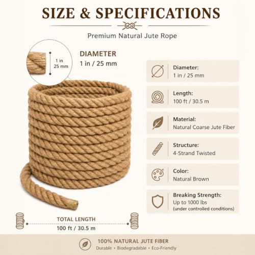 Image of 1 Inch x 100FT Jute Rope 25mm 4-Strand Thick Twisted Hemp Rope