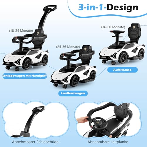 DREAMADE 3-in-1 Rutschauto Lamborghini, Rutschfahrzeug mit Schiebestange, Musik, Lichter & Sicherheitsbügel, Schiebauto für Kinder 18-60 Monate, belastbar bis 25kg (Weiß) – Bild 3