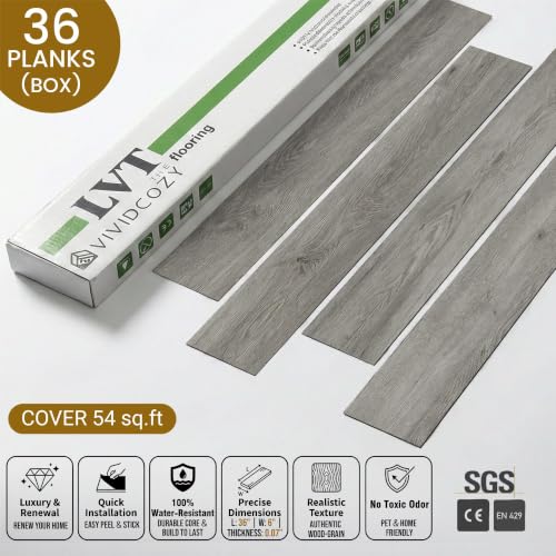 Image of Peel and Stick Floor Tile, 54 Sq.Ft Grey Vinyl Wood Flooring