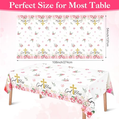 Image of Ganeen 3 Pcs God Bless Baptism Tablecloth First Holy Communion Table Cloth Pink Disposable Plastic Religious Table Cover Waterproof for Christening Baby Shower Baptism Party Decorations, 54 x 108 Inch