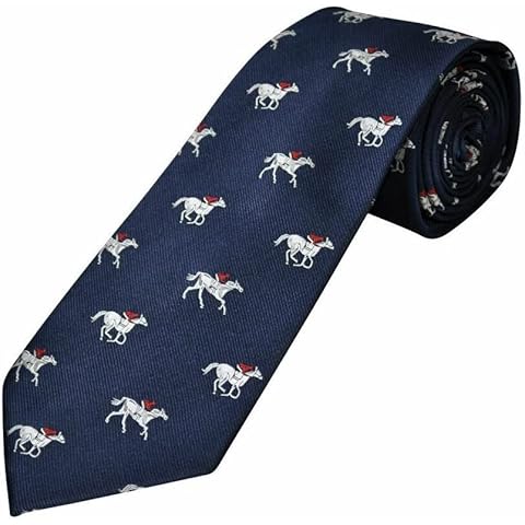 Navy Blue woven tie with horses being ridden by their jockeys, great for race meetings and general wear (932) Cover