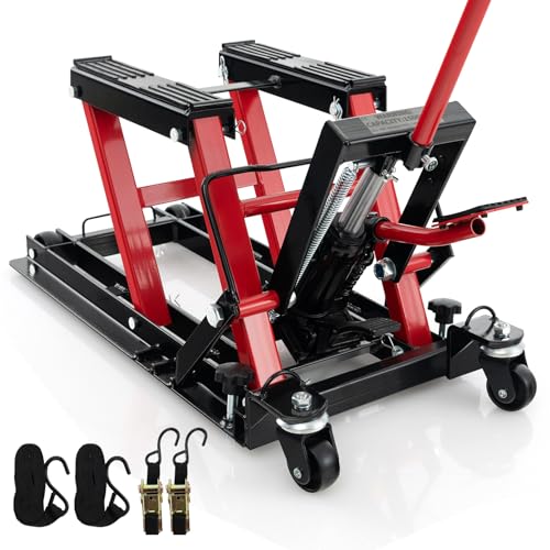 Goplus Motorcycle Lift, 15000 LBS Hydraulic ATV Scissor Jack with Footplates & Long Handle, 2 Ratchet Belts, 4 Wheels, 4.7”-15” Lifting Range, Motorcycle Jack Stand for Dirt Bike, UTV