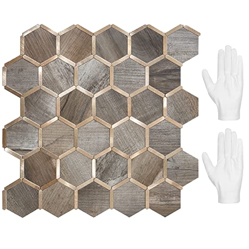 STICKGOO Hexagon Peel and Stick Backsplash Tile, Stick on Backsplash for Kitchen and Bathroom, Wood Texture PVC Mixed Metal Gold Self Adhesive Wall Tiles(10 Sheets, Seamless) 10 Wood Texture