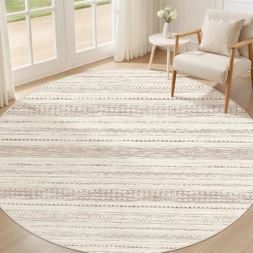 Nakagishi Round Rug Boho Area Rugs: 6x6 Washable Large Circle Neutral Soft Stain Resistant Non-Slip Carpet for Women Aged 25-45 Farmhouse Decor Enthusiasts - Living Room Bedroom Dining Room Nursery