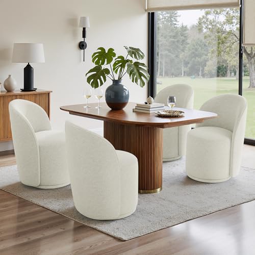 UIXE 360° Swivel Barrel Dining Chairs Set of 4, Fabric Upholstered Kitchen & Dining Room Accent Chair, Contemporary Round Makeup Vanity Side Seats for Bedroom Living Room - Beige