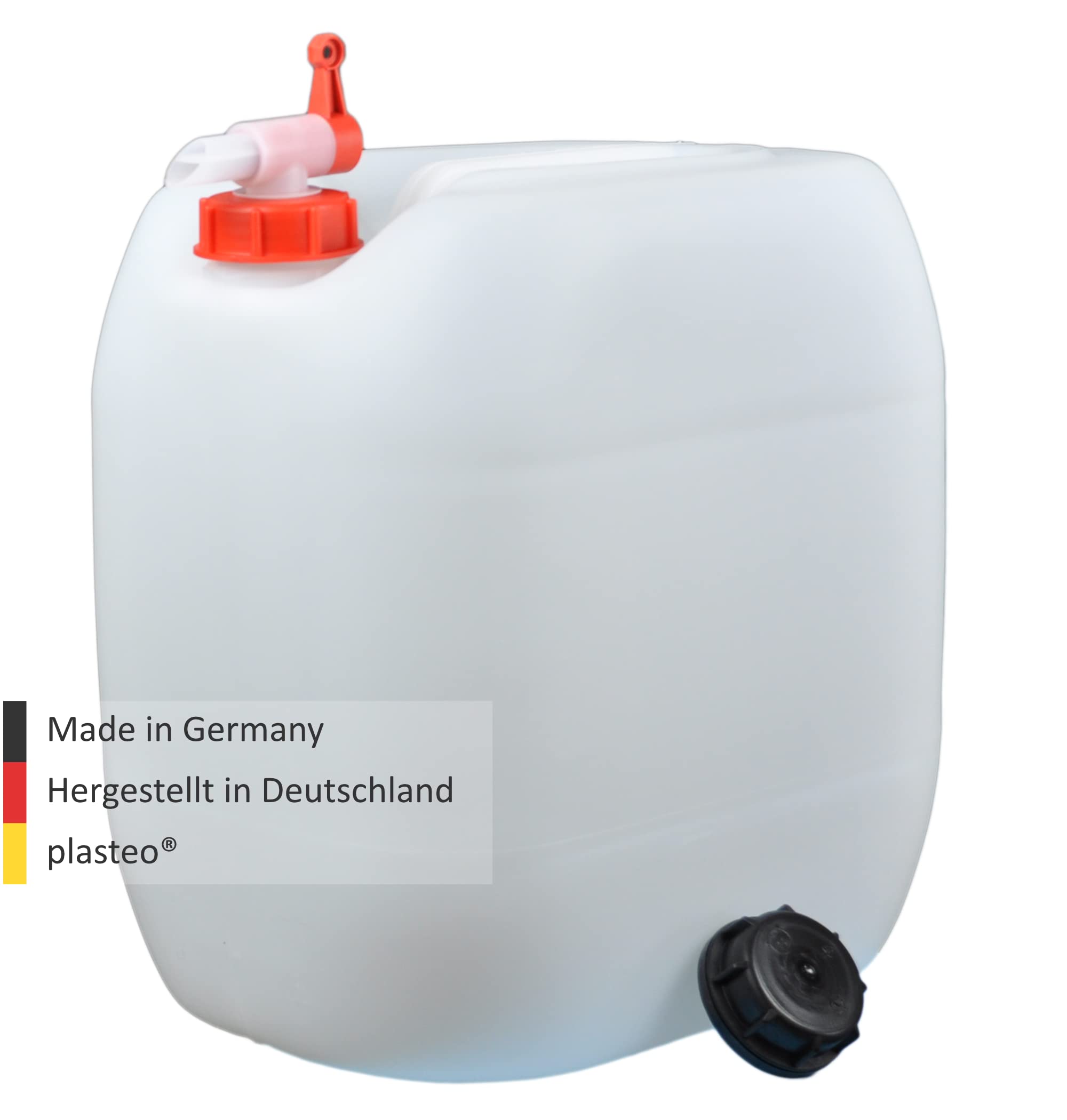 plasteo Wasserkanister 30 Liter 6er Set: Getränkekanister Lebensmittelecht mit Auslaufhahn und Wasserreinigungstabletten