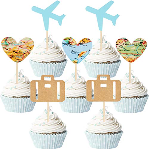36 Pieces Travel Themed Cupcake Toppers Set, Airplane Cupcake Toppers Map Heart Cake Toppers For Travel Themed Baby Shower Party Decorations (Blue And Brown) #TOP10