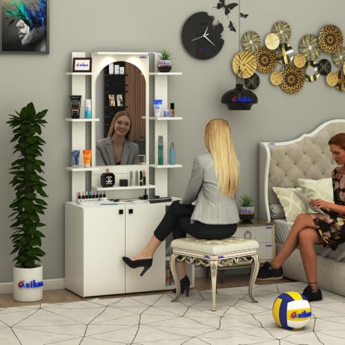 Image of Anikaa Venza Engineered Wood Dressing Table with Wall Mounted Mirror & LED Lights Open Shelf | Makeup Vanity Storage Cabinet with Soft Closed Hinge Door for Bedroom -(White) DIY Installation
