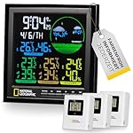 National Geographic 9070700 Estación meteorológica...: Estación meteorológica a color con 3 sensores exteriores para un total de 4 puntos de medición diferentes de temperatura y humedad Visualización de la hora, la fecha y el día de la semana, incluida la función de alarma con dos horas de alarma ajustab...