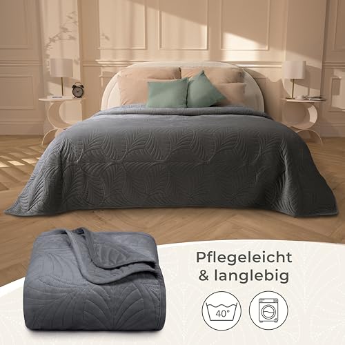 Gräfenstayn Premium Tagesdecke 240x260 cm – Bettüberwurf mit Nahtloser Steppung & Blatt-Design – Samt-Decke – weich… – Ansicht 7