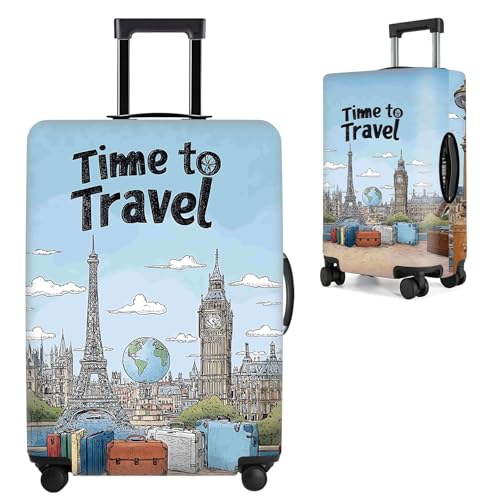 Image of Travel-Themed Luggage Cover with Paris and London Landmarks - Eiffel Tower Big Ben Design with inchTime to Travel inch Quote - Fits 32 inch to 34 inch Suitcase,XL