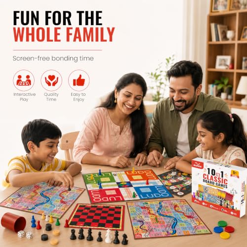 Image of Slovic 10-in-1 Board Games Set for Kids & Family | Indoor Strategy & Educational Toys for Children | Includes Chess, Ludo, Snakes & Ladders, Checkers, Business Money Game & More | Ages 5+