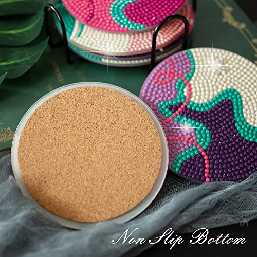 Temlum 6 Pcs Diamond Painting Coasters Kit with Holder, DIY Diamond Art Coasters Kits for Beginners Adults Small Art Craft Supplies - Image 4