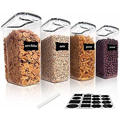 Vtopmart 4L Large Cereal Containers for Storage,Airtight Plastic BPA Free Kitchen Pantry Flour Storage,Set of 4 with 24 Labels(Black) Cover