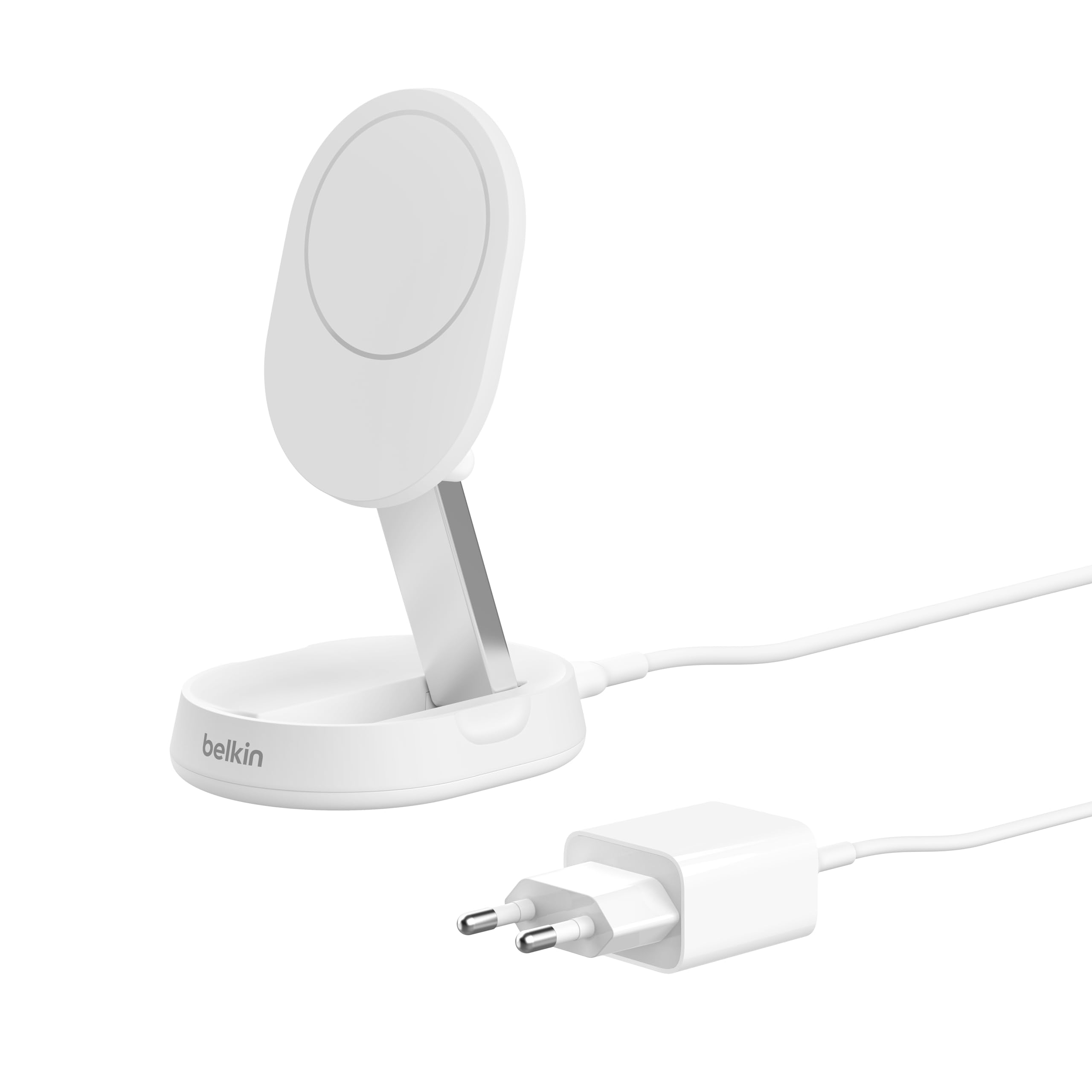 Belkin BoostCharge Pro Cargador Inalámbrico Qi2 compatible con MagSafe, Soporte de Carga Magnético rápido convertible de 15W, para Apple iPhone 17, Air, Pixelsnap, AirPods, Adaptador de 20W - Blanco