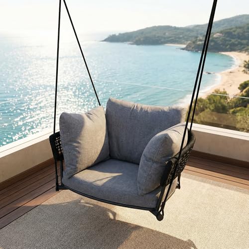 Image of Swing Chair Outdoor, Single Hanging Porch Swing, Ceiling Hanging Chair for Bedroom, 106 inch Adjustable Rope Swinging Chair Indoor, Heavy Duty 400lbs Patio Outdoor Swings for Balcony, Rope Black