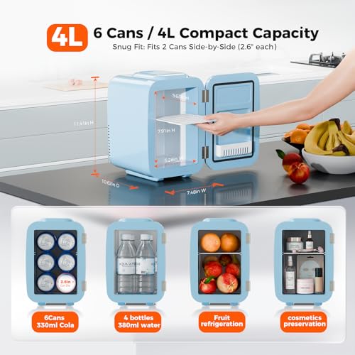 Image of YASHE Mini Fridge, 4 Liter /6 Can Mini Makeup Fridge, 110V AC / 12V DC Portable Thermoelectric Cooler&Warmer for Skincare, Drink, Cosmetic, Medicine, Small fridge for Bedroom, Office, Dorm, Car, Blue