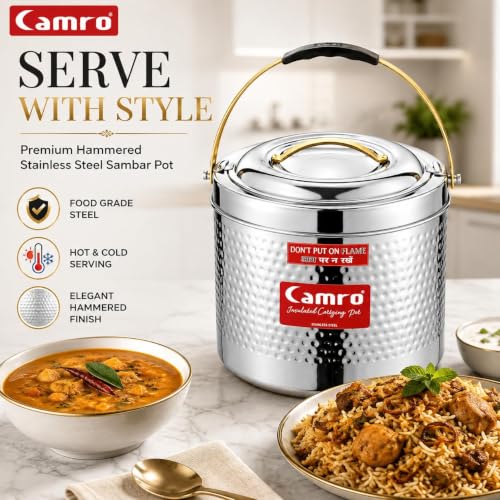 Image of Camro Sambar Pot Hammered | Sambar Pot with Lid | Casserole for Cooking | Canteen & Hotel Casserole Container | Picnic Hot | Biryani Box Hot & Cold Serving (3 Liters)